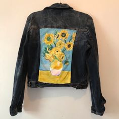 One Of A Kind Hand Painted Denim Jacket With Vincent Van Gogh's Sunflowers. This Jacket Is A Wearable Piece Of Art And A True Statement Piece. Entirely Hand-Painted Using Acrylic And Sealed For Protection. I Recommend Hand-Washing Inside Out Or Washing On A Delicate Cycle Inside Out. Dry As Usual. Jacket Is A Sustainable Sourced Vintage Piece From Just Usa And Is A Size Extra Large With 4 Pocket Design, With 2 Functional & 2 With Button Closures. Measurements: Bust - 20" Hem - 18" Length - 20" Yellow Cotton Denim Jacket For Fall, Yellow Denim Jacket With Pockets For Fall, Yellow Denim Long Sleeve Outerwear, Yellow Cotton Denim Jacket With Pockets, Yellow Denim Jacket For Spring, Yellow Long Sleeve Denim Outerwear, Fitted Yellow Denim Jacket For Fall, Casual Yellow Denim Jacket, Casual Yellow Denim Jacket For Spring