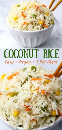 coconut rice in a white bowl with chopsticks on the side and text overlay that says easy vegan 1 pot meal