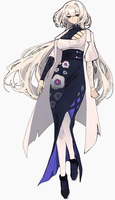 an anime character with long white hair and blue dress