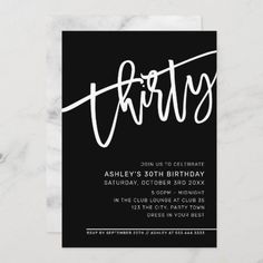 a black and white party card with the word party written in cursive font