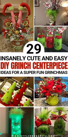 grinch centerpiece ideas The Grinch Decorations Diy, Grinch Centerpiece, Grinchmas Decorations Diy, Whoville Christmas Decorations, Mason Jar Christmas Decorations, Diy Grinch, Xmas Centerpieces