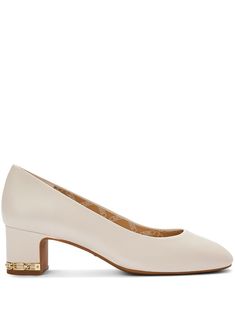 cream white leather slip-on style block heel gold-tone hardware Michael Kors Block Heel Heels For Formal Occasions, Elegant White Block Heels With Contrasting Heel Counter, Cream Calf Leather Heels For Work, Michael Kors Chic Heels For Work, Michael Kors Elegant Heels For Formal Occasions, Elegant Michael Kors Heels For Spring, Chic Michael Kors Heels For Work, Elegant White Block Heels For Work, Elegant Michael Kors Heels With Padded Heel