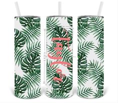 two tumbles with tropical leaves and flamingos on them, one is green and the other is pink