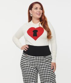 A sweet plus size sweater crafted in a soft cream knit fabric that boasts a locked red heart on the front. Complete with a cropped black hem, long sleeves, and ribbed cuffs.Available in sizes XS-5X while supplies last. Locked Heart, Uv Clothing, 1950s Outfits, Plus Size Sweater, Vintage Plus Size, Heart Sweater, Plus Size Sweaters, Vintage Branding, Spring Trends