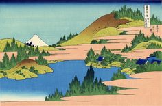 an illustration of a tardist by the water with trees and mountains in the background