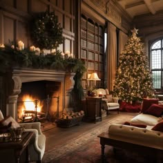 a living room filled with furniture and a christmas tree in front of a fire place