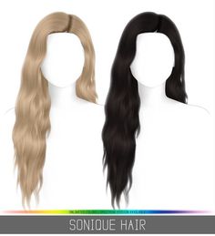 two wigs with long hair are shown in three different colors