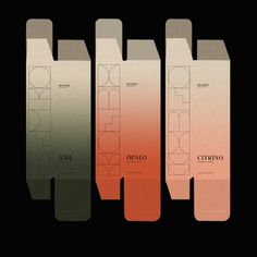 the packaging design for an assortment of products is shown in three different colors and sizes