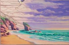 a painting of a beach with waves crashing on the shore and cliffs in the background