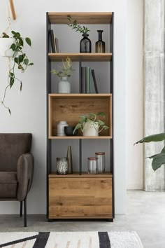 a living room with a chair and bookshelf next to a plant on the wall