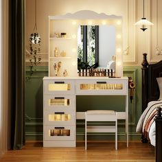 a white vanity with lights on it in a bedroom