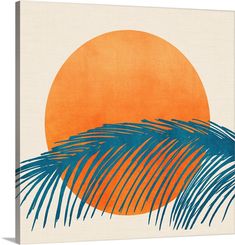 an orange and blue painting with palm leaves in front of the sun on a white background