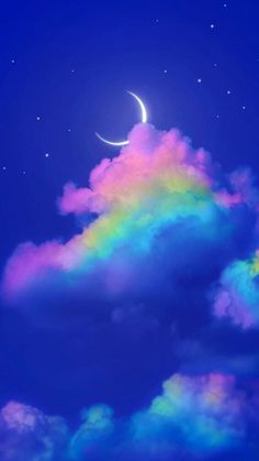 a rainbow cloud with a crescent moon in the sky