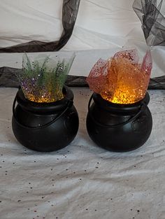 two black pots with plants in them sitting on a bed