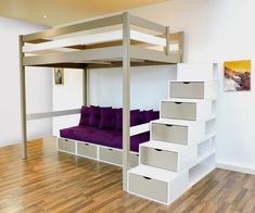 a loft bed with stairs and storage drawers on the bottom level in an empty room