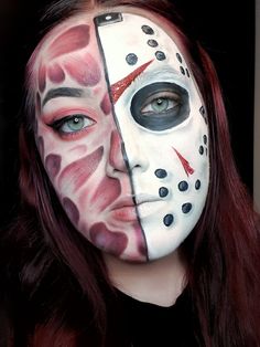 a woman with makeup painted to look like friday the 13th