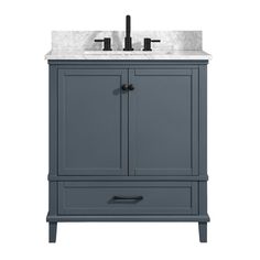 an image of a bathroom vanity with marble top and drawers on the bottom, in grey