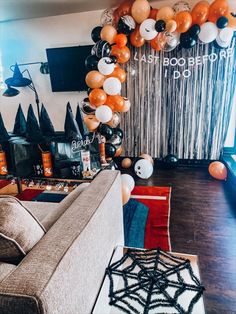 Last Boo Before I Do bachelorette party, orange and black bachelorette party, witches hat decor, bat decor, marble balloons, ghost balloons, retired hot girl Engagement Party Ideas Halloween, Engagement Party October, Boo Crew Bachelorette, Best Friend Bachelorette Party, Bachelorette Party Ideas October