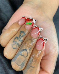 Cherry Inspo Nails, Cherry Duck Nails, Cheetah Print Red Nails, Cheetah Duck Nails, Cheetah Print Nails With Cherry, Cheetah And Cherry Nails, Cheetah Print Duck Nails, Cherry Cheetah Nails, Cheetah Cherry Nails