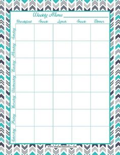 a printable weekly meal planner with blue and white chevrons on the side