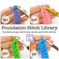 there are four pictures showing how to crochet the foundation stitch library