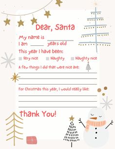 a christmas letter to santa with a snowman and tree on the front, and thank you