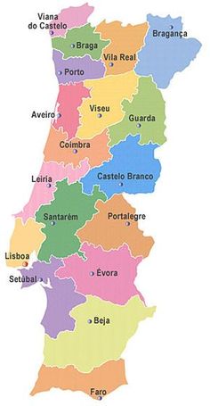 a map of portugal with all the major cities and their respective towns in bright colors