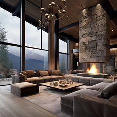 a living room filled with furniture and a fire place in front of a large window