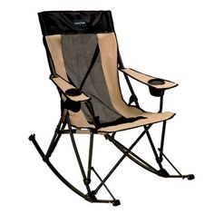 a black and beige folding chair with cup holders on the armrests, sitting in front of a white background