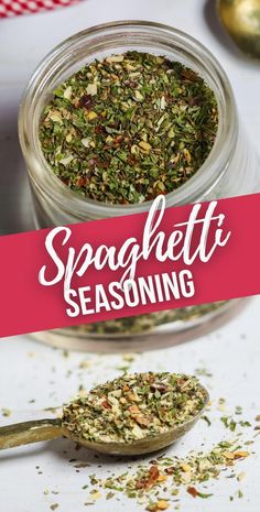 a spoon full of seasoning next to a jar with the words spaghetti seasoning on it