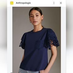 Brand New With Tag Anthropologie Forever That Girl Eyelet Tee Sz M Navy Blue Gotta Have It During This Spring And Summer Fast Ship Chic Blue T-shirt For Summer, Trendy Cotton Lace Tops, Blue Casual Lace Top, Casual Blue Lace Top, Chic Blue Summer T-shirt, Chic Blue Crew Neck Blouse, Blue Cotton Short Sleeve Top For Spring, Chic Blue Short Sleeve Tops, Chic Blue Fitted T-shirt