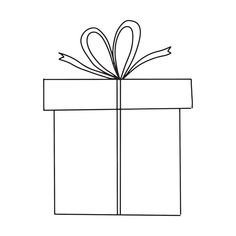 a black and white drawing of a gift box with a bow on it's top