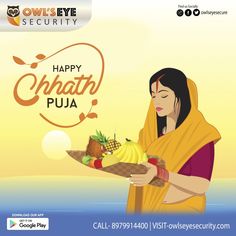 a woman holding a plate with fruit on it and the words happy chhat pua