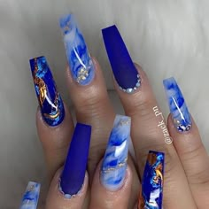 Sculptured Nails Design, Suit Strawberries, Unique Acrylic Nails Creative, Baddie Nails Acrylic Blue, Dope Blue Nails, Blue Bling Nails, Luxury Nail Designs, Tan Nails, Red Nails Acrylic