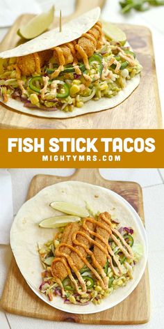 fish stick tacos on a wooden cutting board