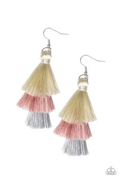 Featuring white, pink, and gray thread, a 3-tiered tassel swings from the ear for a flirtatious look. Earring attaches to a standard fishhook fitting. Sold as one pair of earrings. P5SE-PKXX-079XX Silver Tassel Earrings, Pink Tassel Earrings, Pink Jewels, Pink Tassel, Pink Box, Pink And Gray, The Ear, Paparazzi Accessories, Affordable Jewelry