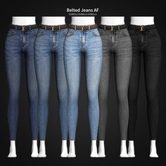 four pairs of jeans are shown in three different colors