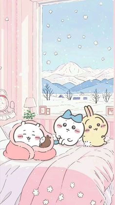 three cartoon characters are laying on a bed in front of a window with snow falling