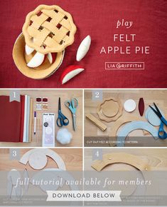 the instructions for how to make felt apple pies are displayed on a table with scissors and other crafting supplies