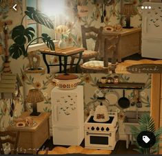 a kitchen filled with lots of different types of furniture and decor on top of a wooden floor