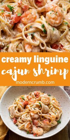 creamy linguinne cajun shrimp pasta in a white bowl