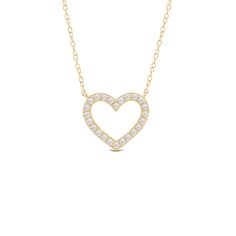 Spread love and attract love every day with this daily-wear petite heart necklace. The white gold pendant features an open heart silhouette with the outline meticulously traced with dainty and delicate diamonds. This diamond-studded necklace can be worn with just about anything, on its own or layered with other necklaces. Gold Diamond Accented Heart-shaped Necklace, White Diamond-cut Heart Necklace, Yellow Gold Heart-shaped Diamond Necklace, White Diamond Necklace With Single-cut Heart Pendant, Gold Heart-shaped Diamond Cut Pendant Necklace, Studded Necklace, Open Heart, Spread Love, Lab Created Diamonds