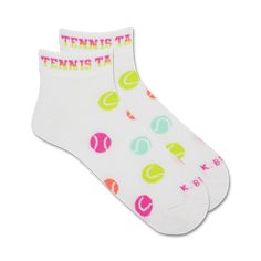 ankle socks for women with tennis takes balls text on top and a multicolor tennis ball pattern. Trendy Sports Socks For Spring, Womens Ankle Socks, Sporty Non-slip Workout Socks, Sporty Non-slip No-show Socks, No-show Sports Socks, Non-slip Sports Socks, Tennis Socks, Sock Lovers, Ankle Socks Women