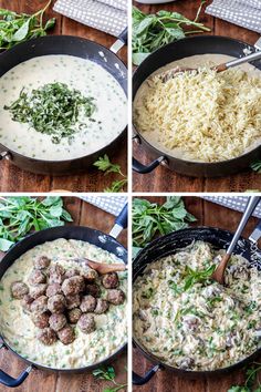 four pictures show how to make meatballs and gravy in a skillet