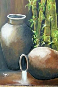 an oil painting of a vase and some bamboos on a table next to it