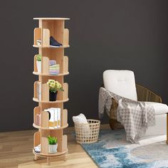 a living room with a chair and shelves on the floor