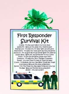 the first respond survival kit is in front of a pink background with green ribbon on it