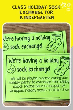 Class holiday sock exchange invitation for kindergarten, requesting wrapped holiday socks for a party game. Christmas Party For Classroom, Kindergarten Class Christmas Party Ideas, Class Winter Party Ideas, Christmas Party Classroom Ideas, Preschool Holiday Party, Class Christmas Party Ideas, Class Holiday Party, Christmas Class Party, Socks Exchange