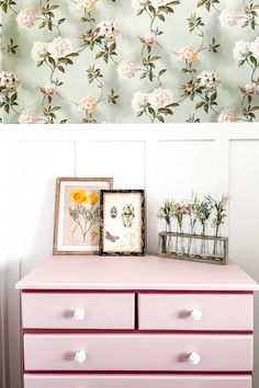 a pink dresser with flowers painted on the wall behind it and two framed pictures sitting on top