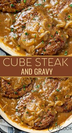 beef stew and gravy in a skillet with the words, cube steak and gravy